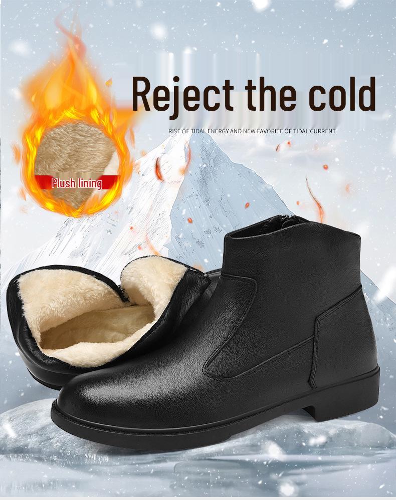 Men's Genuine Leather High-Top Side Zip Boots - Large Size, Plus Velvet Warm, Top Layer Cowhide, Fashionable for Autumn/Winter