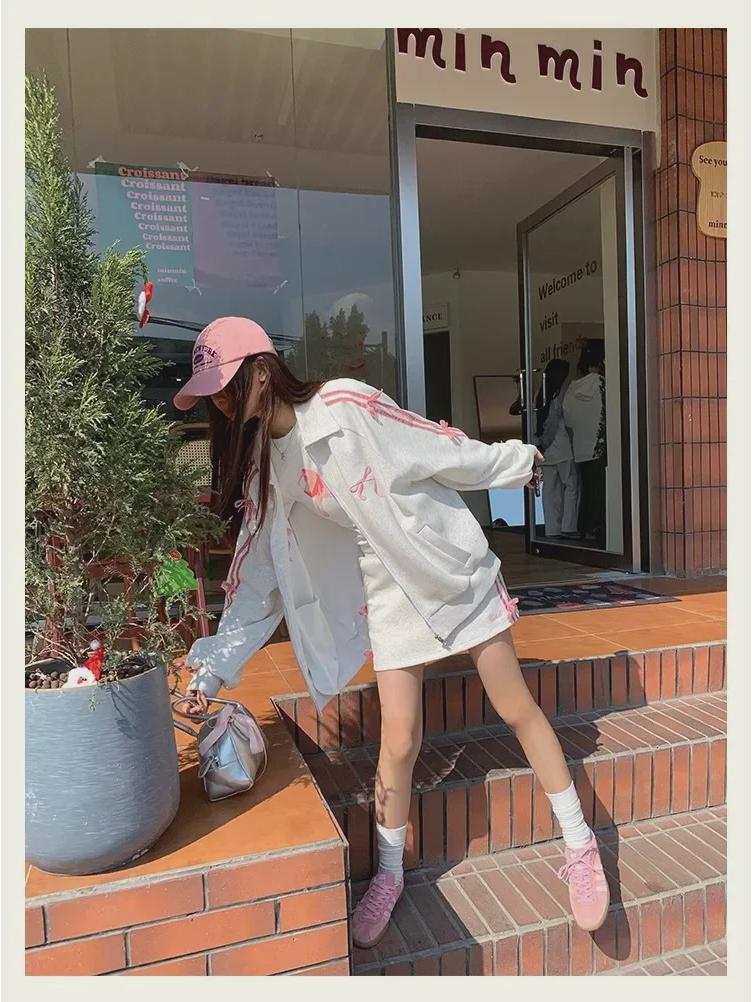 Jin Liang Casual Bow Knit Sweater Jacket & CVC Cotton Cuff Skirt Set for Women