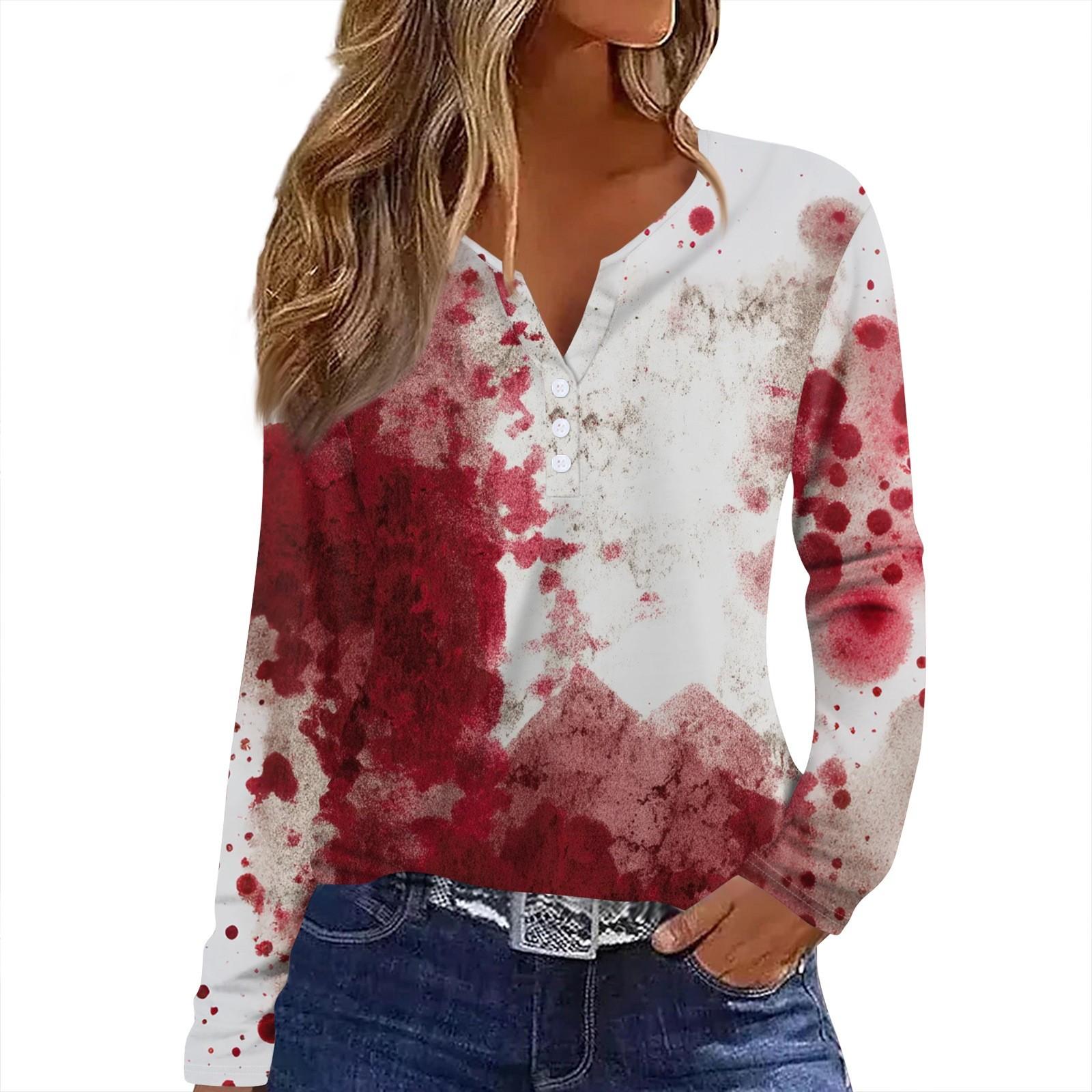

Женская футболка Футболка Принт Хэллоуин Пуговица Длинный рукав Повседневная Мода на выходные Базовая V-образный вырез Обычный топ S