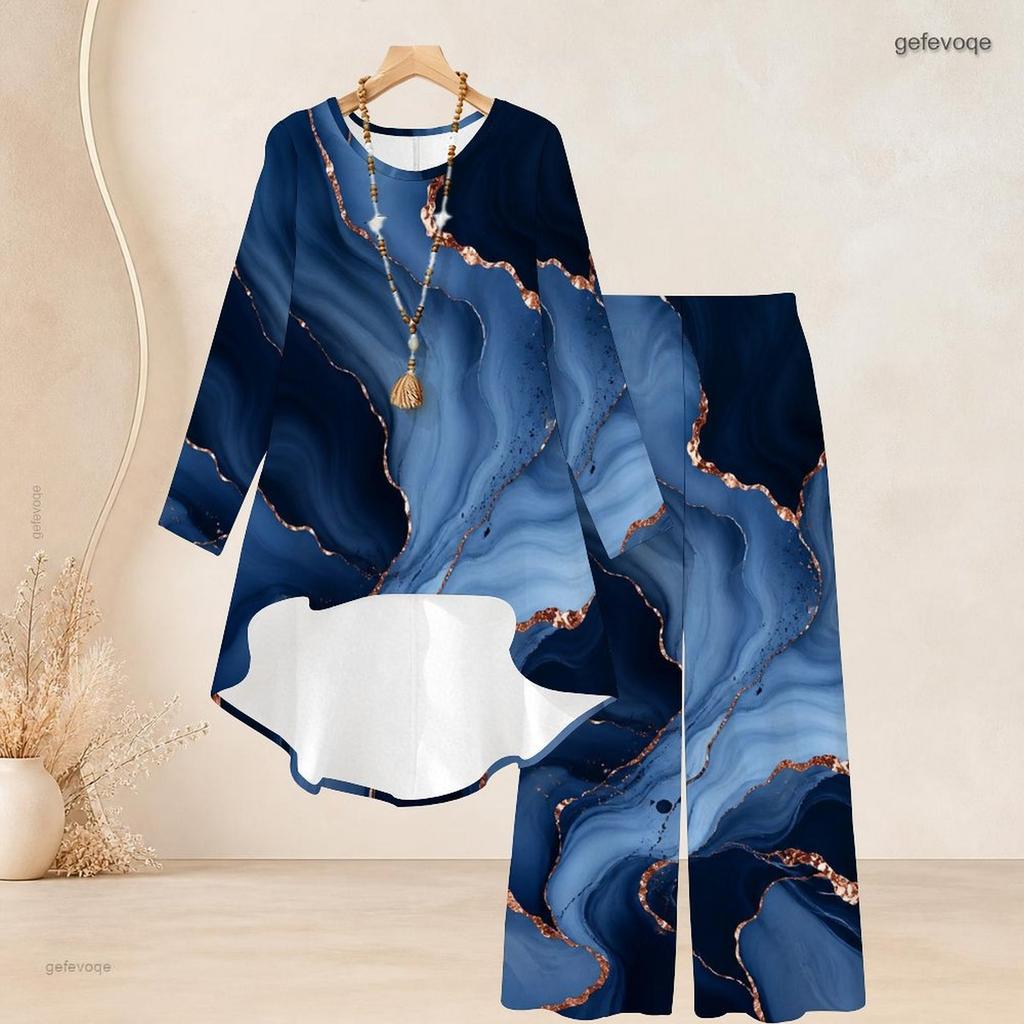 Women Plus Size Round Neck Long Sleeve Green Printed High Low Top Wide Leg Pants Two Piece Set