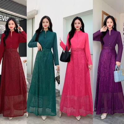 Women Fashion Vintage Elegant A-line Dress Spring V-neck Fake Two Piece Long Sleeved Patchwork Sequin Party Vacation Robe