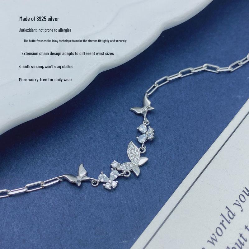 S925 Sterling Silver Butterfly Bracelet for Women - Elegant Inlaid Design, Perfect Birthday Gift for Girlfriend
