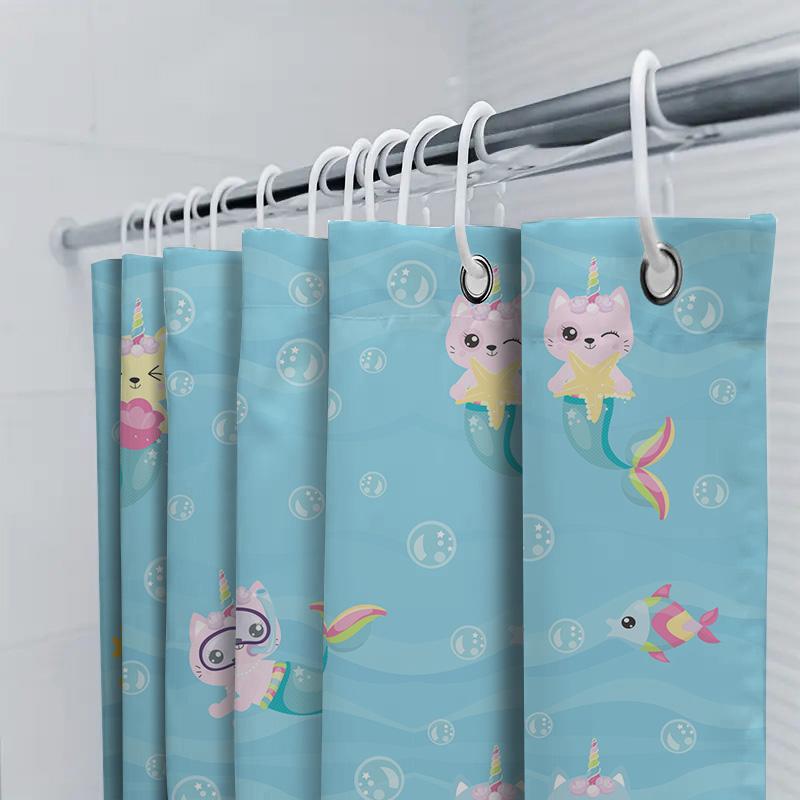 Modrý mořský panna sprchový závěs s potiskem jednorožce a kočky pro dětskou koupelnovou dekoraci, roztomilý design mořského života s bublinkami, látková sada koupelnové předložky (180x