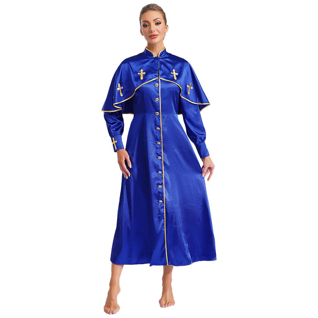 Womens Metallic Trim Church Choir Robe Stand Collar Long Sleeve Button Loose Dress