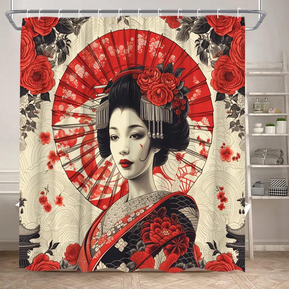 Azjatka Zasłona Prysznicowa Japońskie Kimono Kwiat Wiśni Krajobraz Malarstwo Tuszem Sztuka Poliester Tkanina Dekoracja Łazienki Zestaw Zasłon