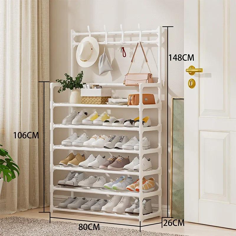 Shoe and Hat Rack Floor Standing with Hooks Metal Integrated Rack Multi-storey Large Capacity Living Room Household Shoe Cabinet