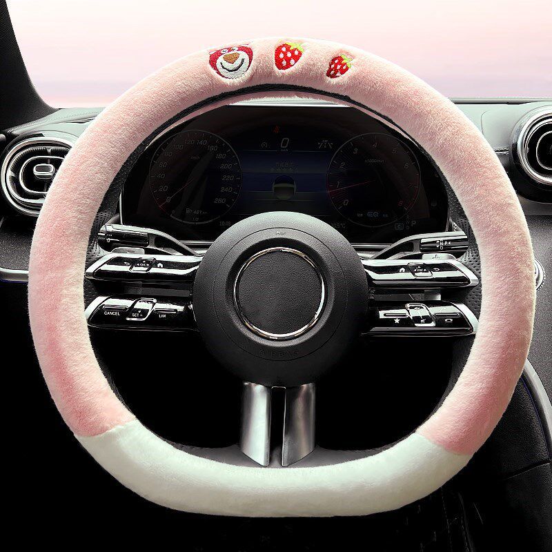 

Kia K2 K3 K4 K5 Sportage Forte Kx3 Seltos Kx5 Cerato Car Steering Wheel Cover Winter Plush for Women Strawberry Bear Pink-D Shape