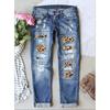 Women's Mid Rise Straight Leg Jeans Loose Fit Buffalo Plaid Patchwork Distressed Cuffed Denim Pants