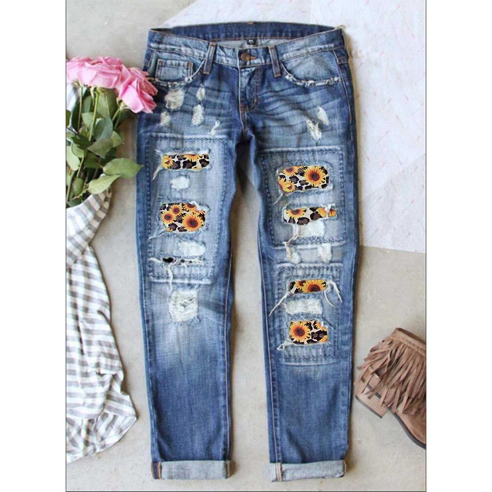 Women's Mid Rise Straight Leg Jeans Loose Fit Buffalo Plaid Patchwork Distressed Cuffed Denim Pants
