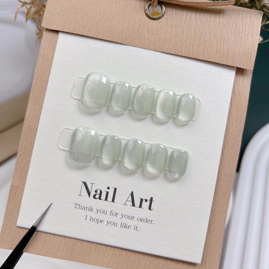 10Pcs Green Cat Eye Handmade Press On Nails Short Simple Fake Nails Artificial Nail Tips