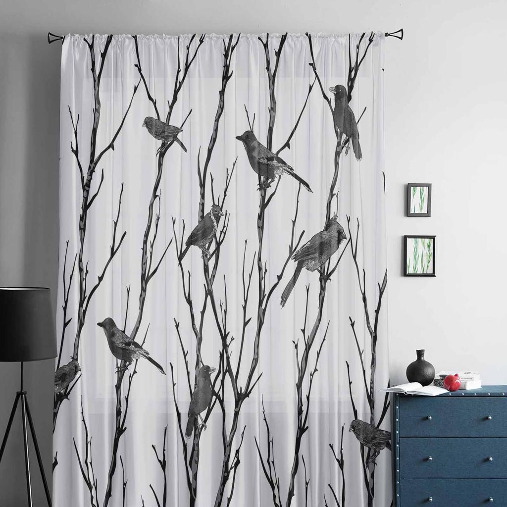 Abstrakte Silhouette von Zweig Vogel Tiere Tüll-Fenstervorhänge für Schlafzimmer Luxus Heimvorhänge im Wohnzimmer Chiffon-Paneele