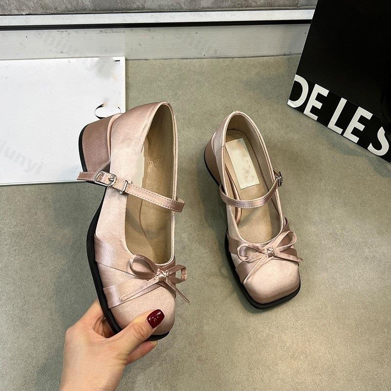 Fashion Women Shoes 2025 Spring Mary Jane Fashion Butterfly-knot Square Toe Satin Women's High Heels Buckle Elegant Pumps Shoe Wedding
