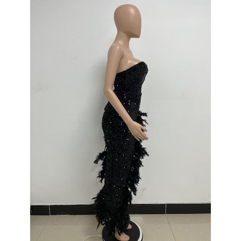 Women's Dress Long Haute Couture Strapless Backless Sequin Dress Feather Patchwork Gown