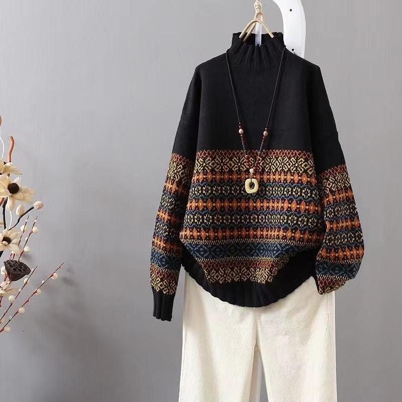 Half Turtleneck Sweaters for Women Trendy Loose Long-sleeved Knitted Sweaters Large-sized Casual Pullover Sweaters for Women In Autumn and Winter