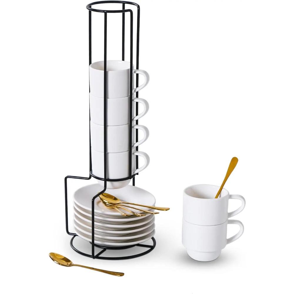 

Фарфоровые штабелируемые чашки для эспрессо с блюдцами, ложками и металлической подставкой, 3 унции, маленький набор кофейных чашек для капучино из 6 штук other белый