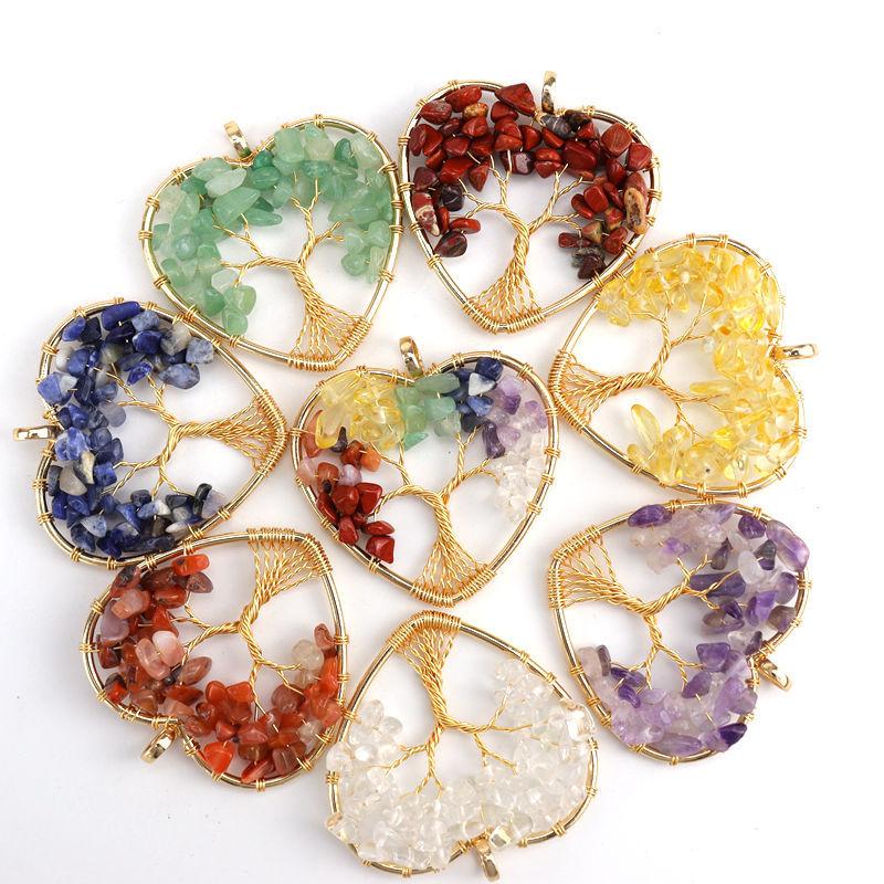 Color-Preserving Gold Hand-Wound Crystal Gravel Peach Heart Tree Of Life Necklace Heart-Shaped Pendant N55