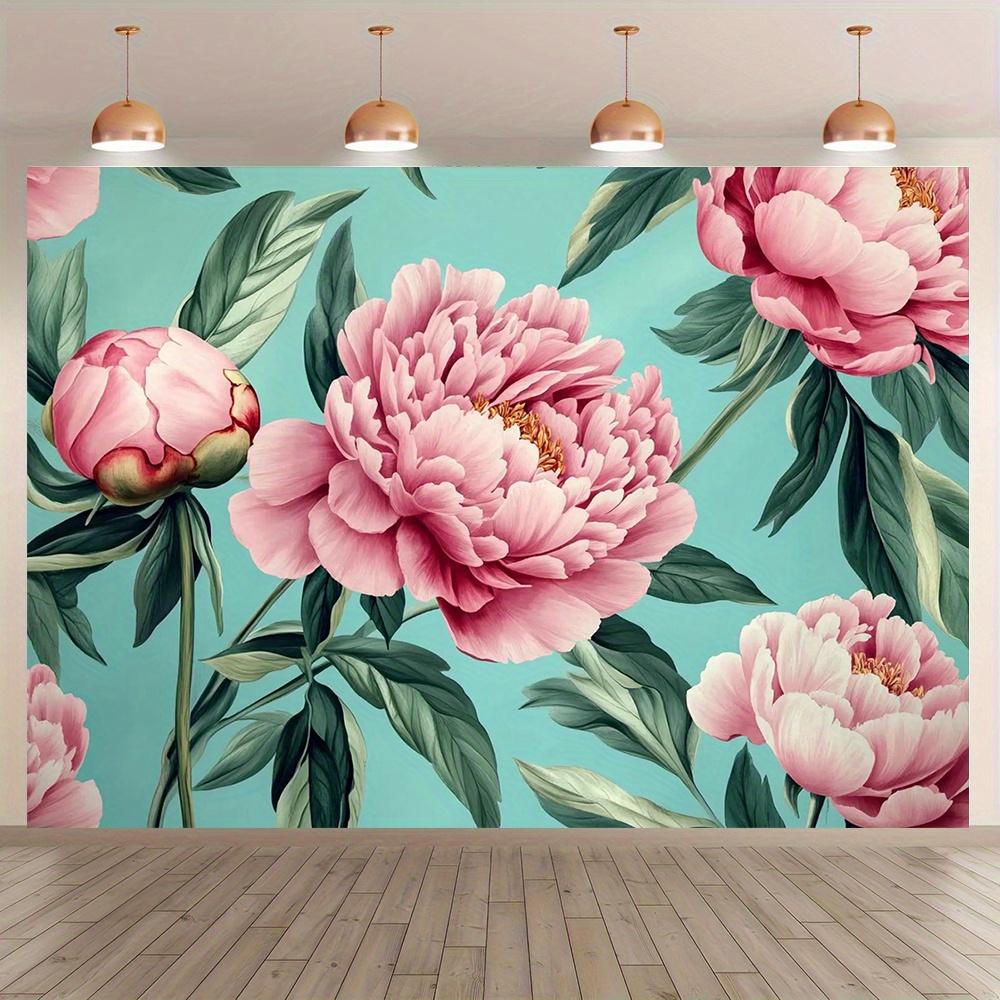 2D plane bright pink peony background cloth on green cyan background suitable for living room bedroom polyester fiber
