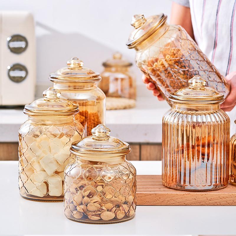 Creative Amber Plaid Striped Glass Jar Sealed Tea Candy Jar Kitchen Food Storage Container Clear Glass Bottle Box Home Decor