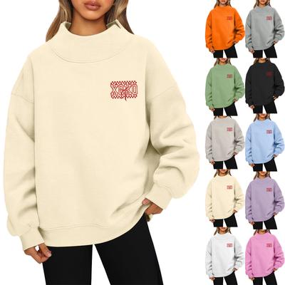 Women's Valentine's Day Print Fashion Loose High-Collar Long Sleeve Solid Color Sweatshirt Pullover