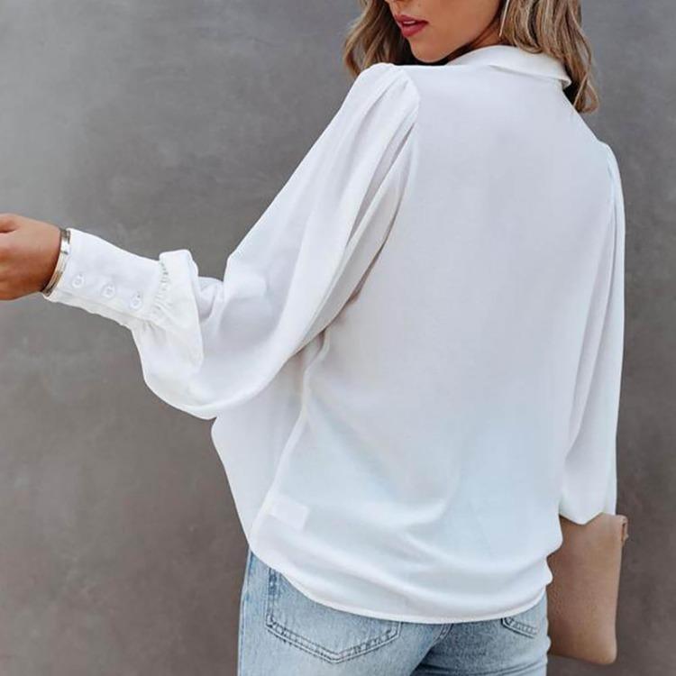 Women Loose Solid Color Button Down Shirt with Pleated Lantern Sleeves