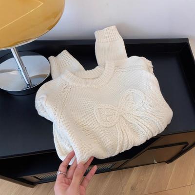 Sweet Handmade Bow Short Crew Neck Sweater Women's Autumn and Winter Heavy Industry Thick Needle Versatile Pullover Knitted Top