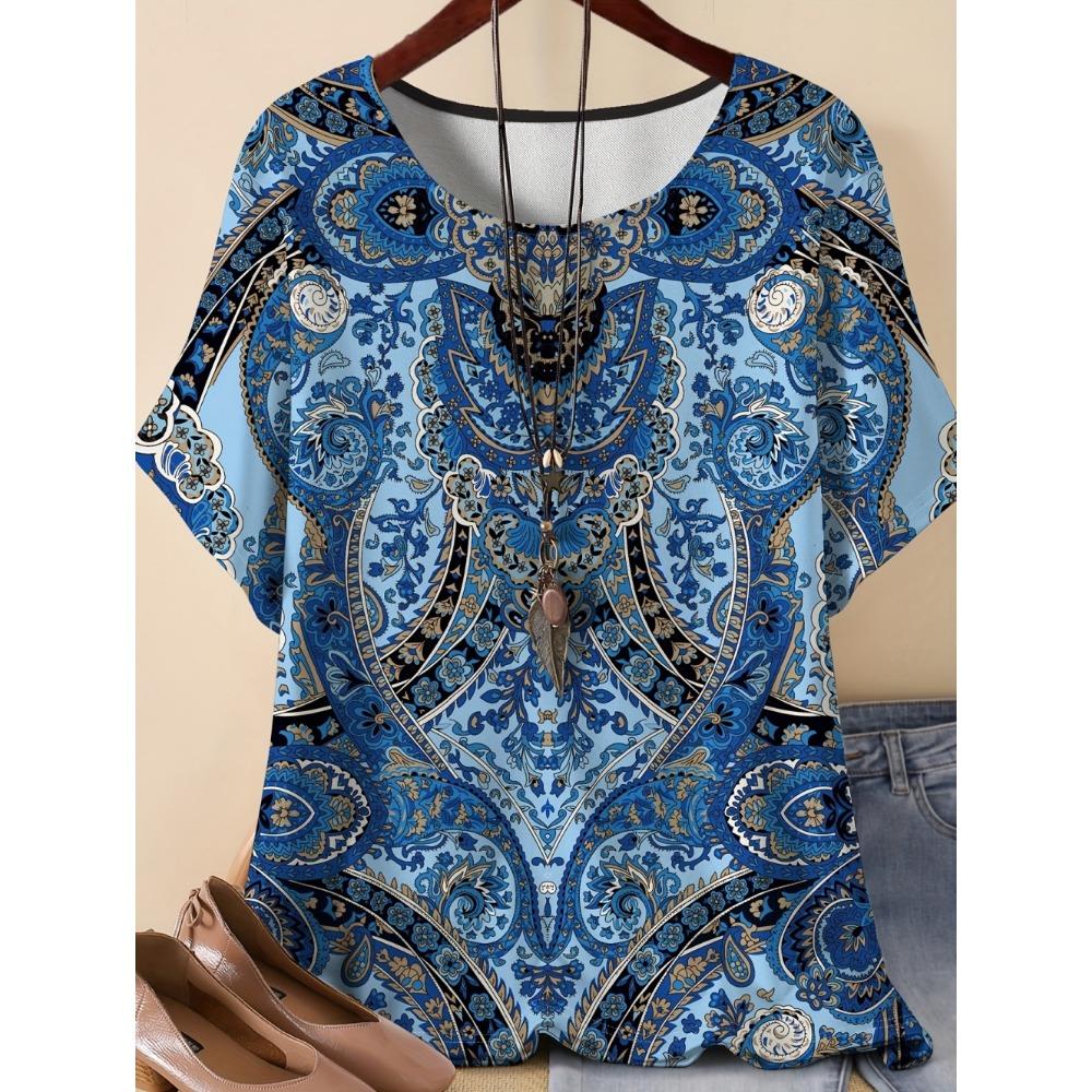 Vintage Paisley Graphics Women's Short Sleeve T-Shirt Ethnic Style O-Neck 3D Printed Top Tees Summer Loose Women's Clothing