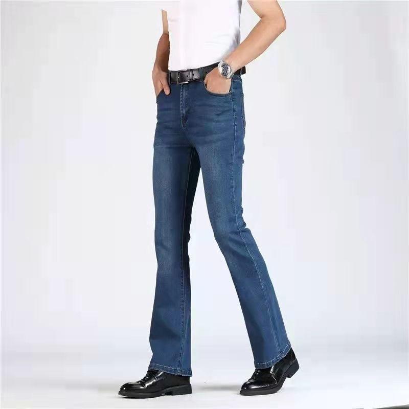 Ausgestellte Herren-Jeans mit Boot-Cut-Bein und ausgestelltem Bein, klassische Designer-Denim-Jeans mit hoher Taille, Stretch, lockerer, ausgestellter Denim, dunkelblaue Jeans S dunkelblaue