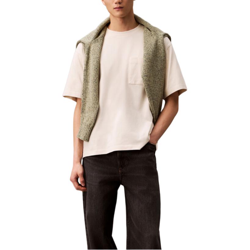 Calvin Klein Minimalist Comfortable Versatile Casual Plain Knit Loose Pocket Short Sleeve T-Shirt Men Tops Dove-Grey 4RB267G-CKS