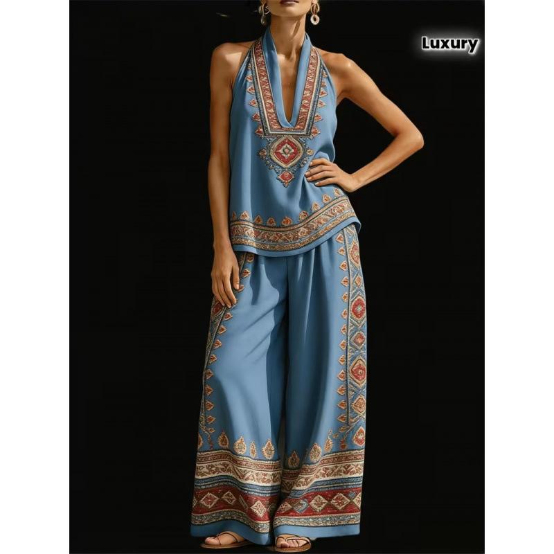 1116 Summer Cool Neck Suit Women's Temperament V-Neck Off-Shoulder Top + High Waist Wide Leg Pants Two-piece Set