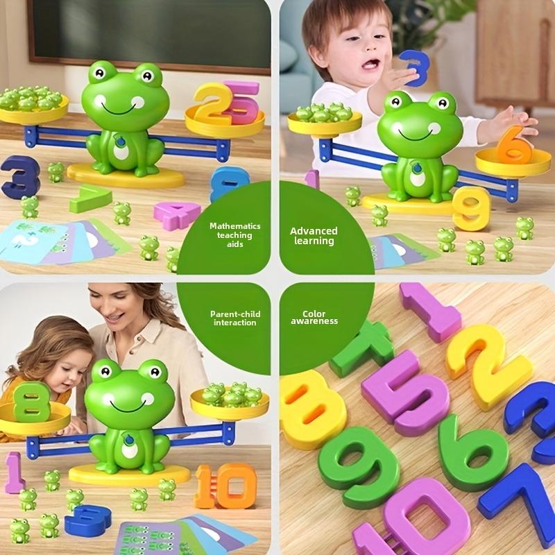 Frog balance math toy - green plastic, interactive weight stacking and counting game, suitable for young people