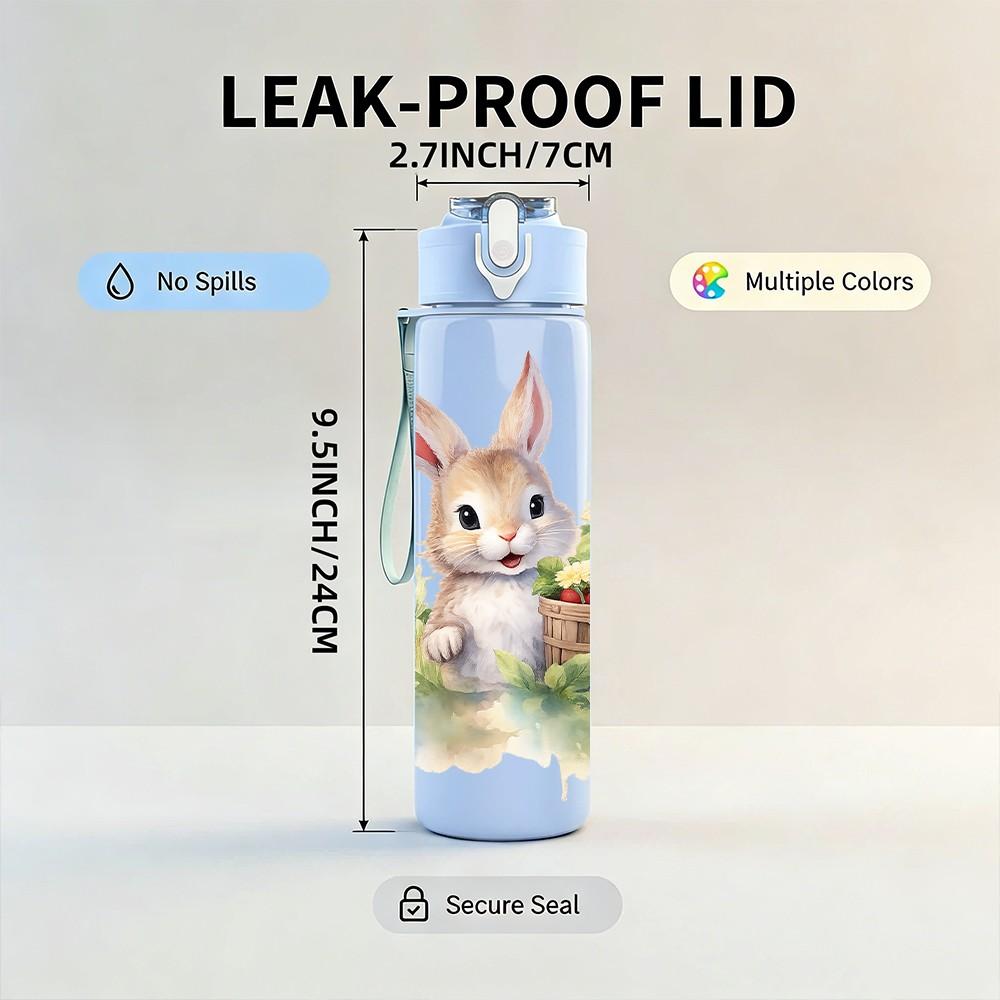1PC Floral Wreath Bunny Rabbit Print 750ml Color Plastic Sports Water Bottle Leakproof Flip Straw Lid Suitable for Sports Office Home Use