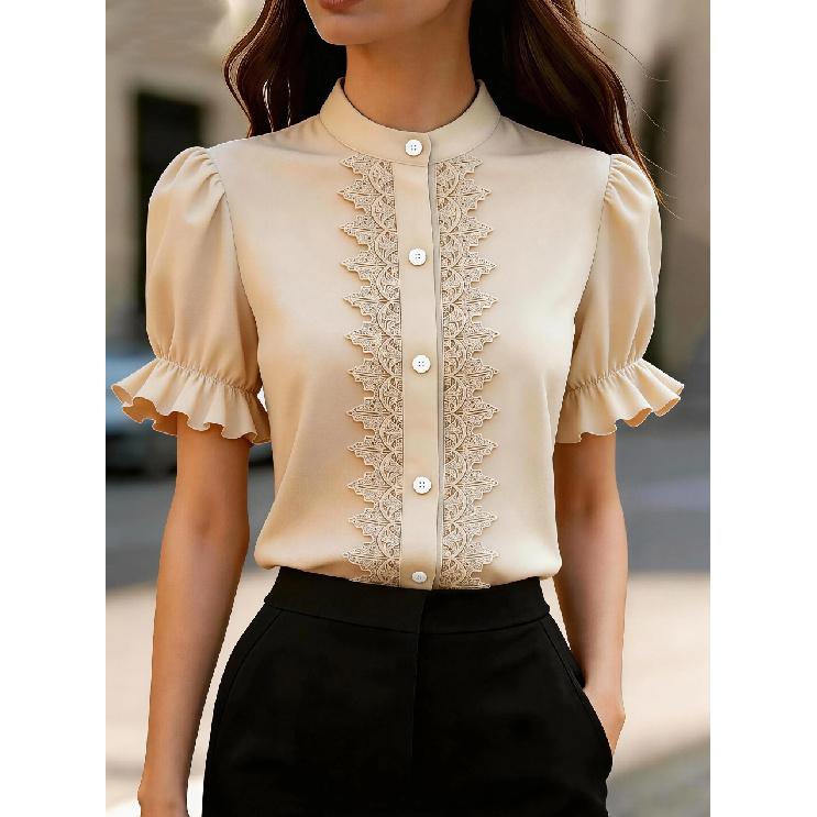 2026 New Summer Stand Collar Lace Patchwork Puff Sleeve Short Sleeve Shirt for Women