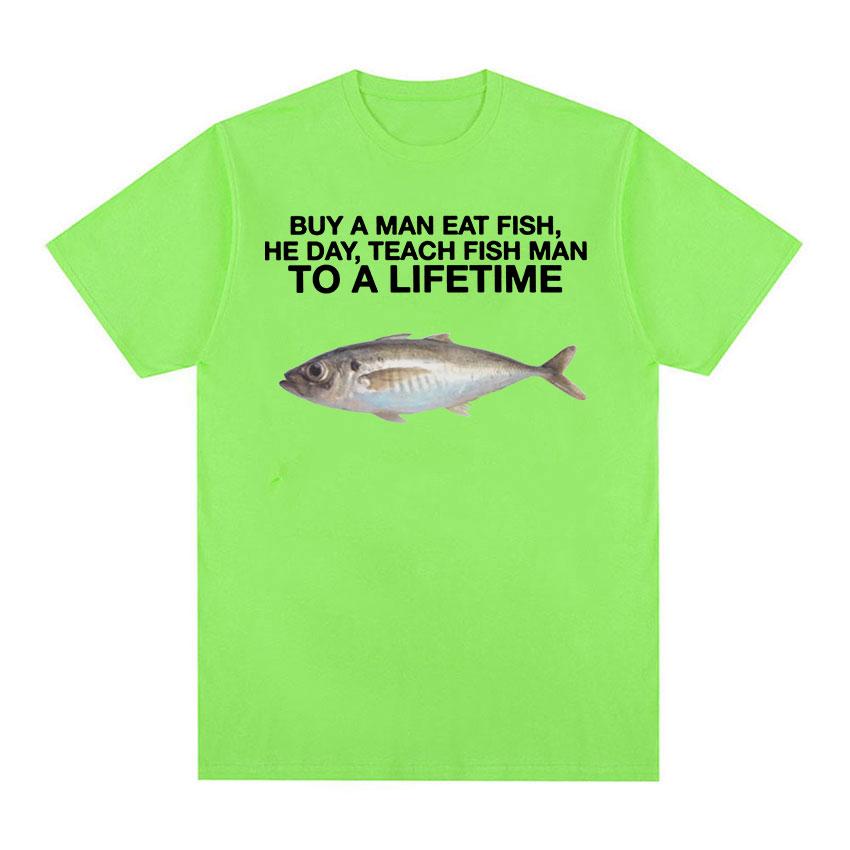 

Купите футболки с забавными мемами «A Man Eat Fish, He Day, Teach Fish Man, To A Lifetime Meme», мужская повседневная футболка большого размера из 100% хлопка с круглым вырезом