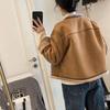 Korean Style Women's Short Winter Fleece-Lined Leather Jacket with Lambswool