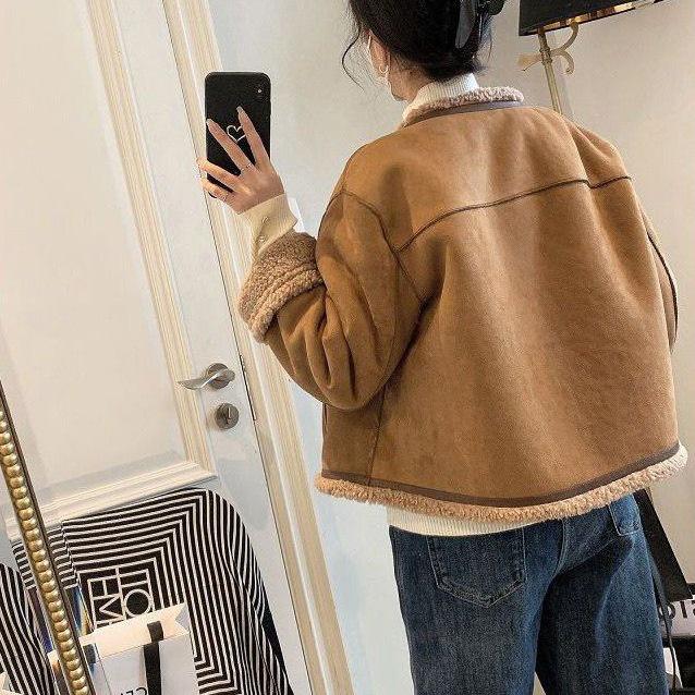 Korean Style Women's Short Winter Fleece-Lined Leather Jacket with Lambswool