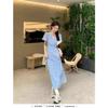 2024 Summer Women's Korean Blue Floral V-Neck Short-Sleeve Maxi Dress