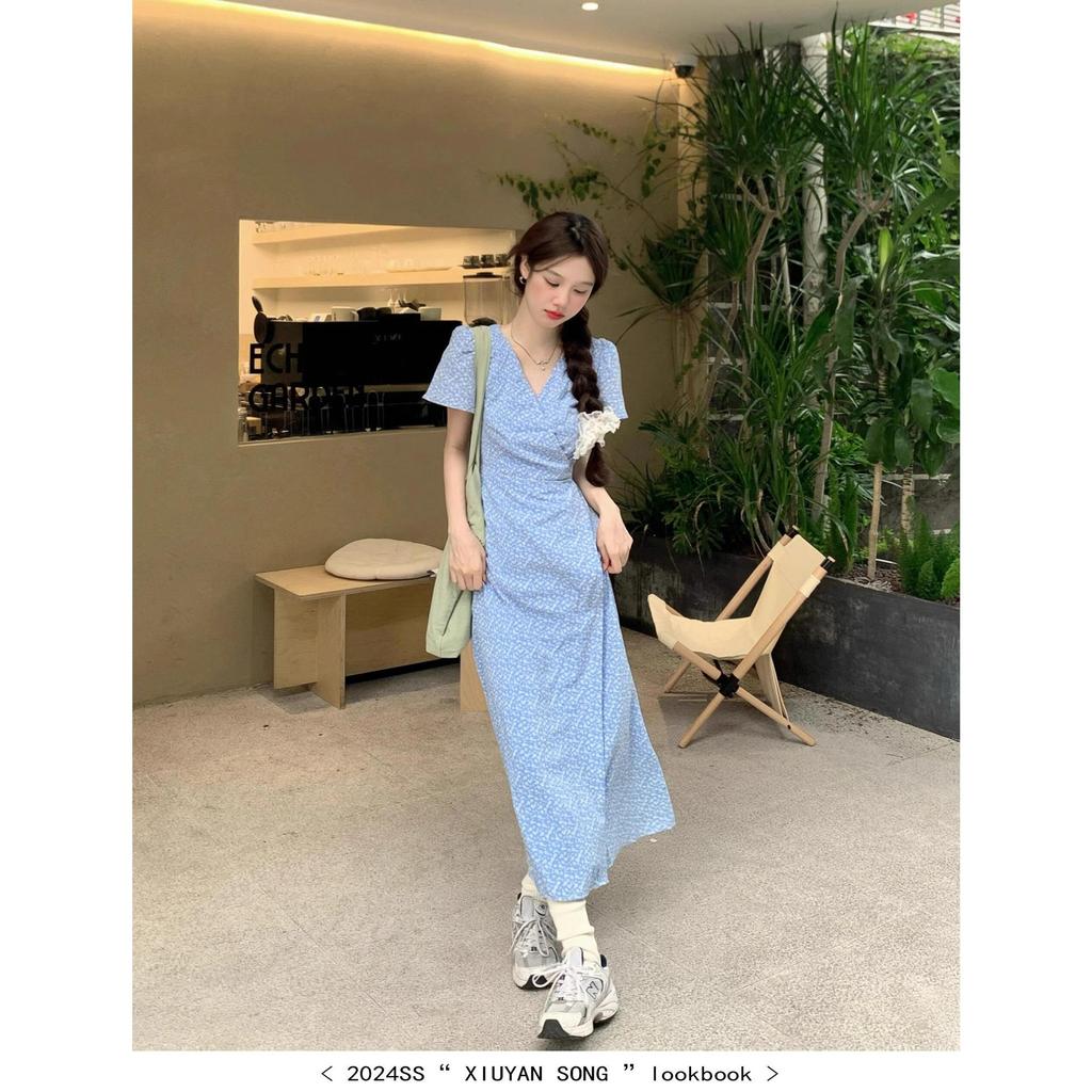 2024 Summer Women's Korean Blue Floral V-Neck Short-Sleeve Maxi Dress