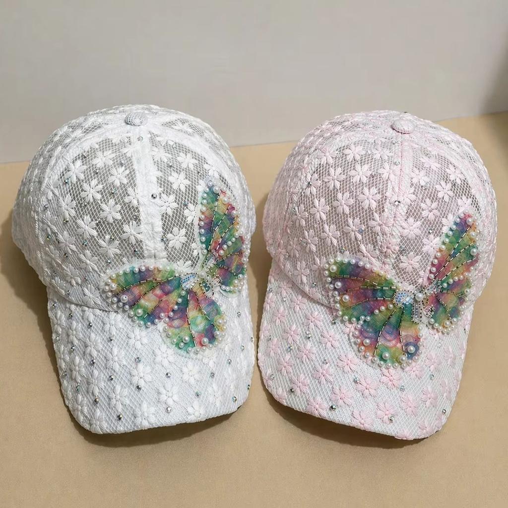 Sommer Spitzenblumen Baseballkappen für Damen Schmetterling Strass Atmungsaktives Netz Snapback Hut Hip Hop Hut Mode Sonnenhut Gorras