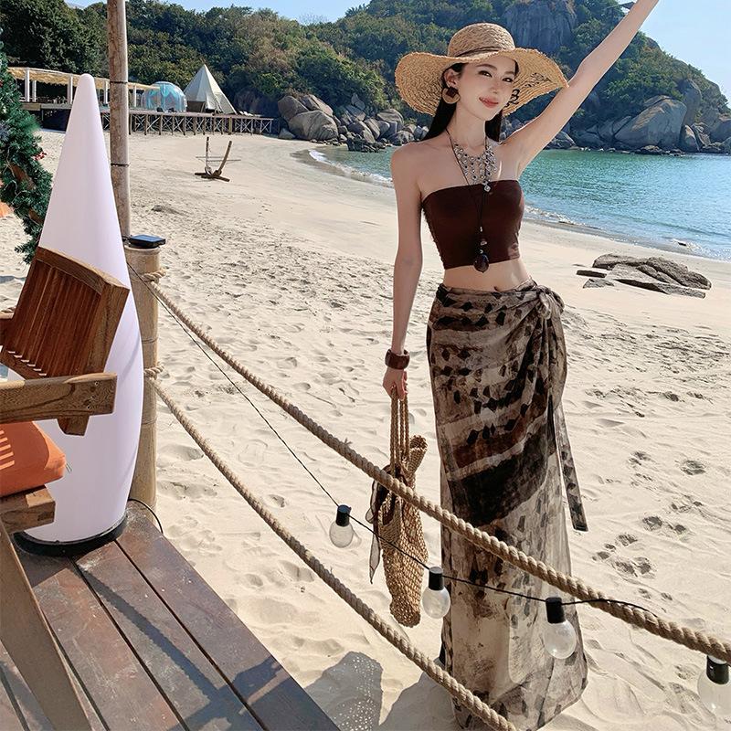 Lazy Vacation Style Hottie Tube Top Suspender Vest Summer Sexy Irregular Half Skirt Two-piece Travel Wear