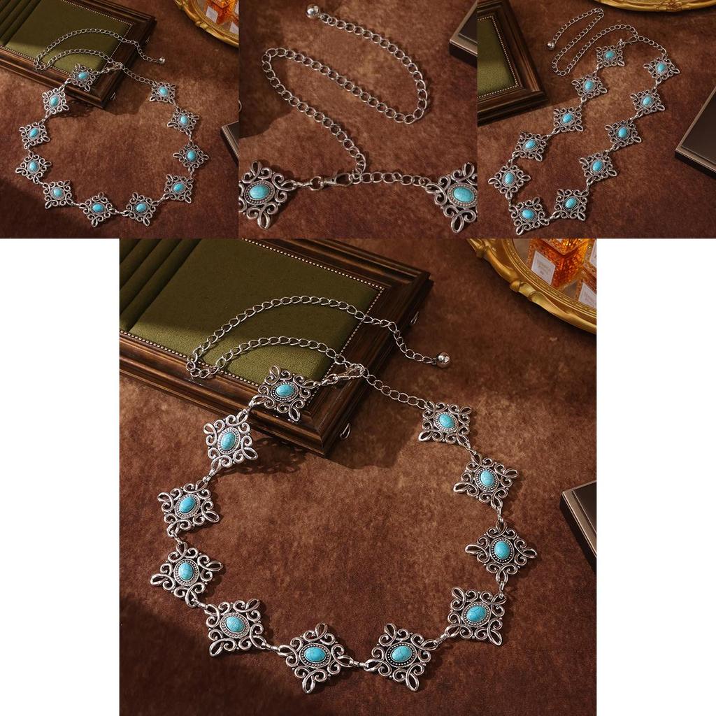 Chinese Knot Metal Waist Accessory With Carved Details And Turquoise For Dress Up