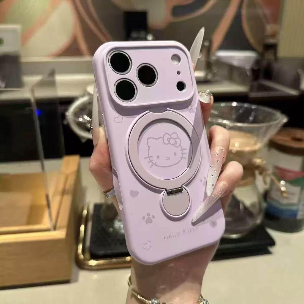 Magnetic Liquid Silicone Case for Apple 17 Pro - KT Cat Cartoon Shell with Bracket Protective Cover