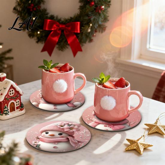 Holiday Table Decor 4/6Pcs Christmas Animal Wooden Coaster Festive Plaid Floral Round Drink Housewarming Gift Ideas Mats Decorations for Home Office