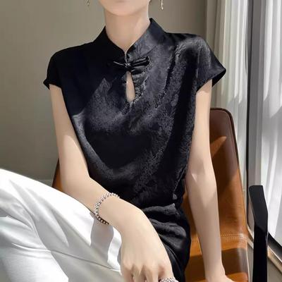 Silk Satin Chinese-Style Jacquard Sleeveless Top with Stand Collar