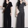 Plus Size Women's V-neck Irregular Short Sleeve Top and Wide Leg Pants - Summer Slimming Casual Set