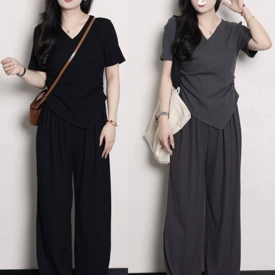Plus Size Women's V-neck Irregular Short Sleeve Top and Wide Leg Pants - Summer Slimming Casual Set