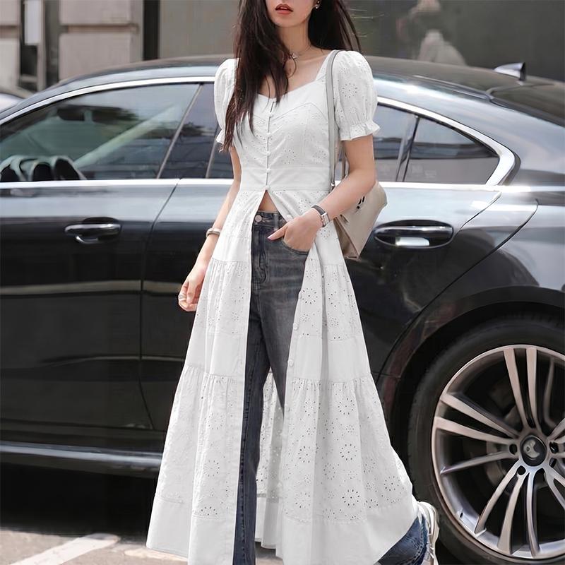 ZANZEA Women Elegant Square Collar Short Sleeve Casual Hollow Crochet Long Blouse M белый