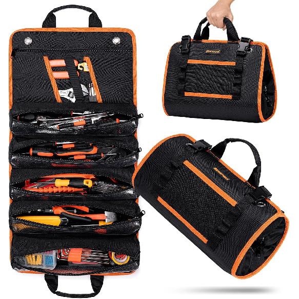 Roll Up Tool Bag Organizer, Heavy Duty Tool Roll Bag for Men, Portable Tool Roll Up Bag with 12 Pockets, Waterproof 1680D Tool Bag Organizer for