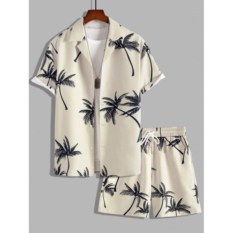 Seturi de cămașă cu mânecă scurtă pentru bărbați la modă, cu imprimeu, plajă, nucă de cocos, în carouri, costume hawaiene, cu rever, cămașă ocazională, pantaloni scurți, îmbrăcăminte stradală de vară 3D