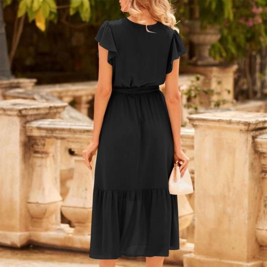 Women's Summer Midi Dress V Neck Ruffle Cap Sleeve Flowy Wrap Dress Boho Beach A-line Swing Sundress