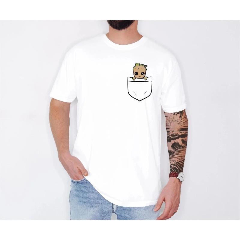 

Groot in My Pocket TShirt Men Kawaii Guardians of The Galaxy Print Tee Shirt Creative Design Small Groot Graphic Tops Unisex S